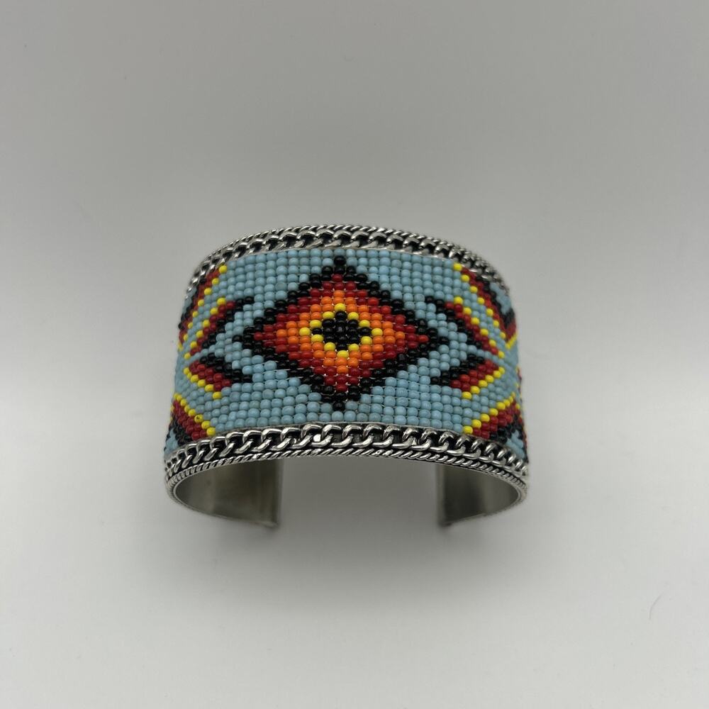 Beaded Indian Metal Cuff Bracelet 1 3/4” WIDE New